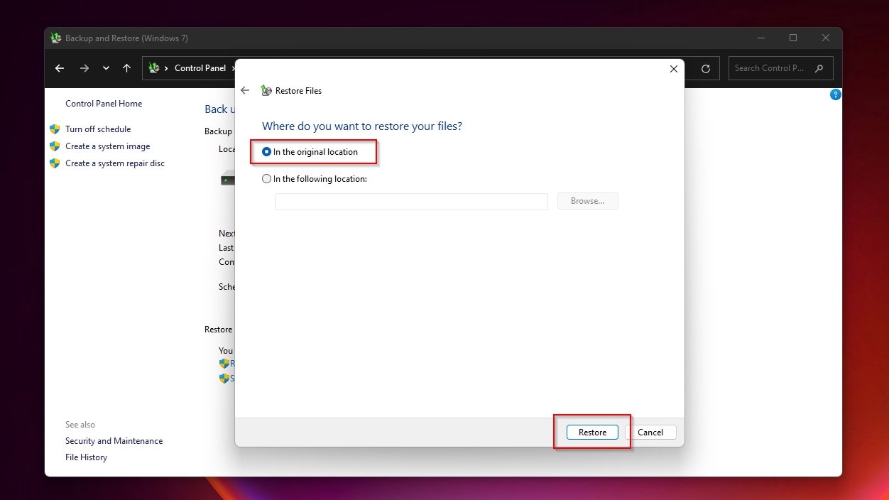 Control Panel Backup And Restore Windows 7 Choose Where To Restore Files