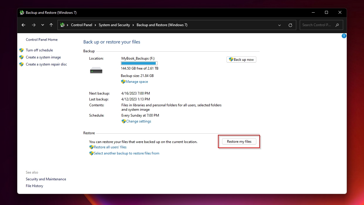 Control Panel Backup And Restore Windows 7 Restore My Files