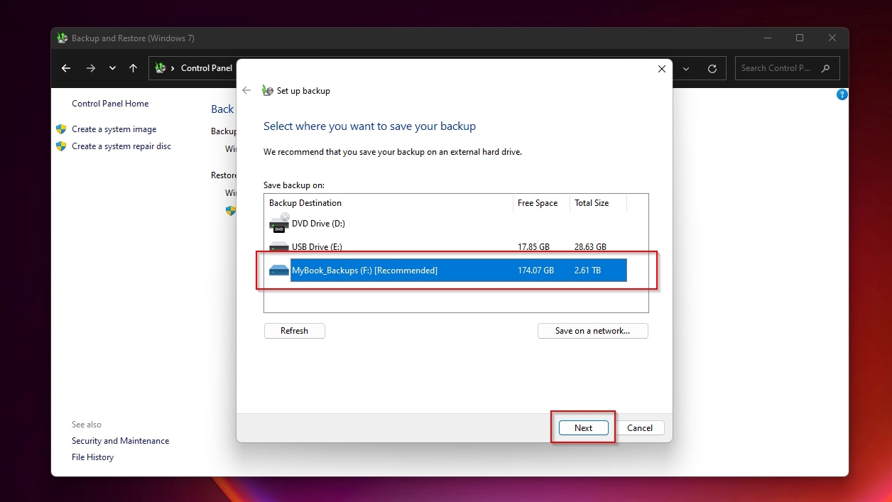 Control Panel Backup And Restore Windows 7 Selecting Backup Destination