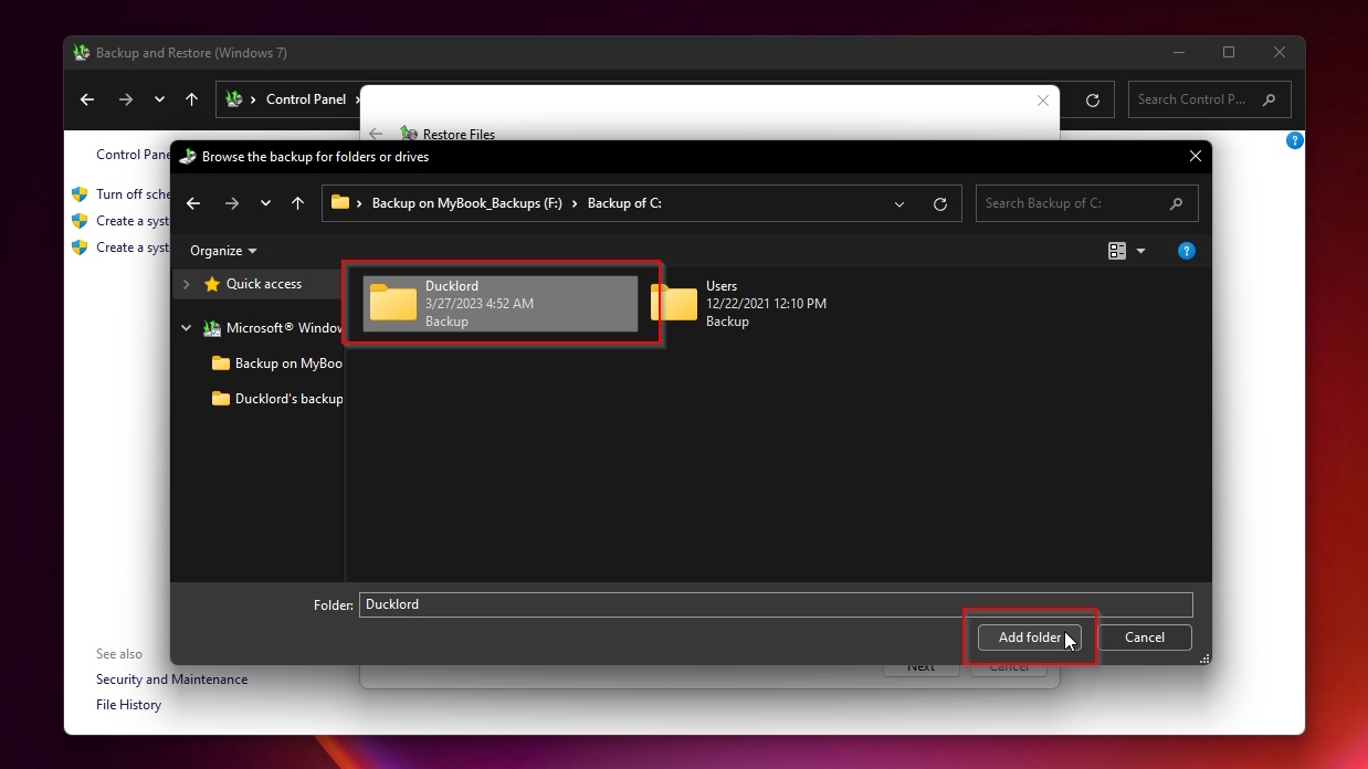 Control Panel Backup And Restore Windows 7 Selecting Backup Folder