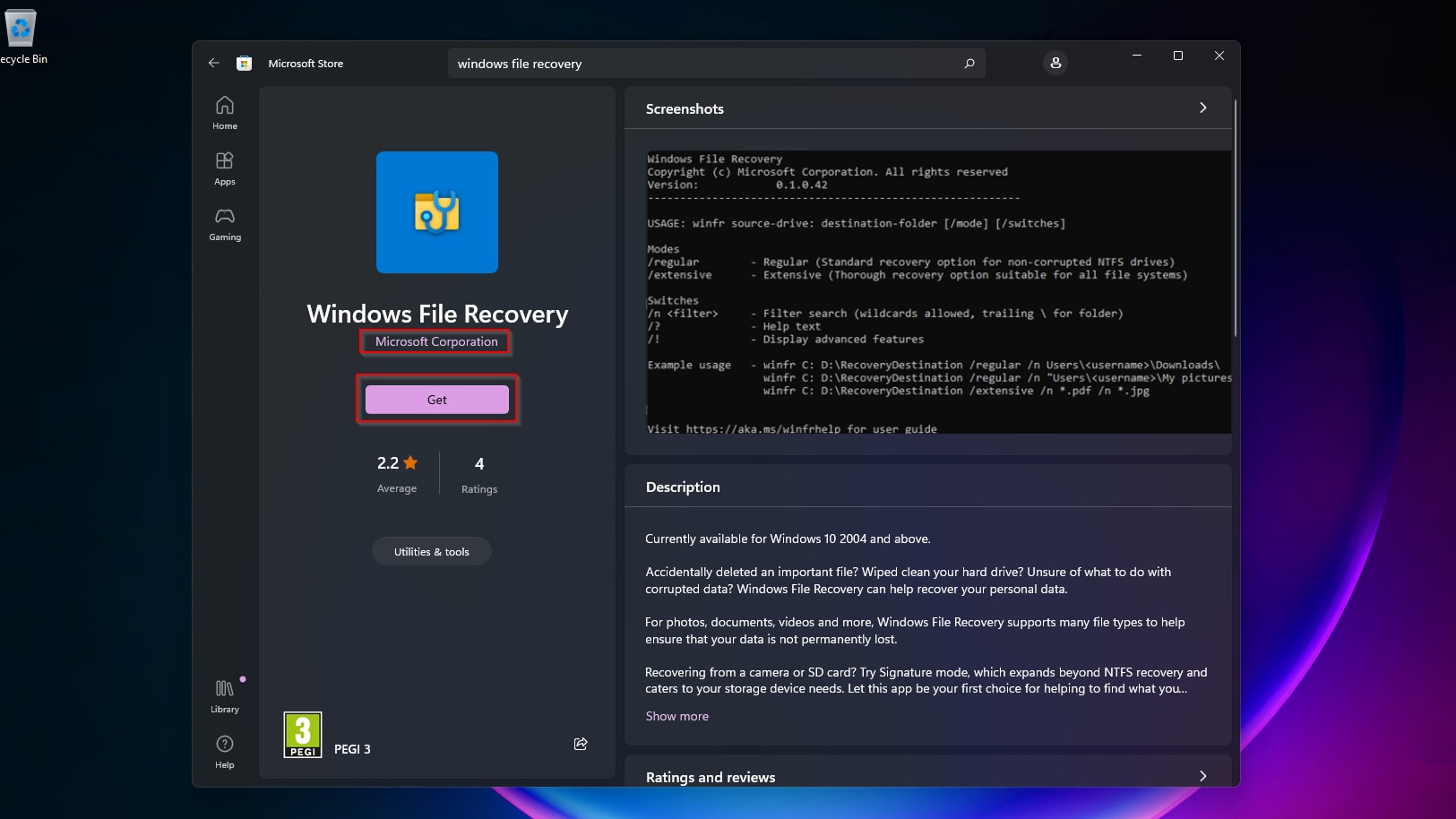Microsoft Store Get Windows File Recovery