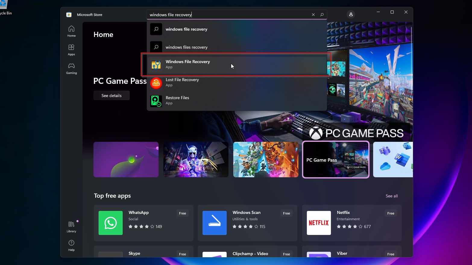 Microsoft Store Searching For Windows File Recovery