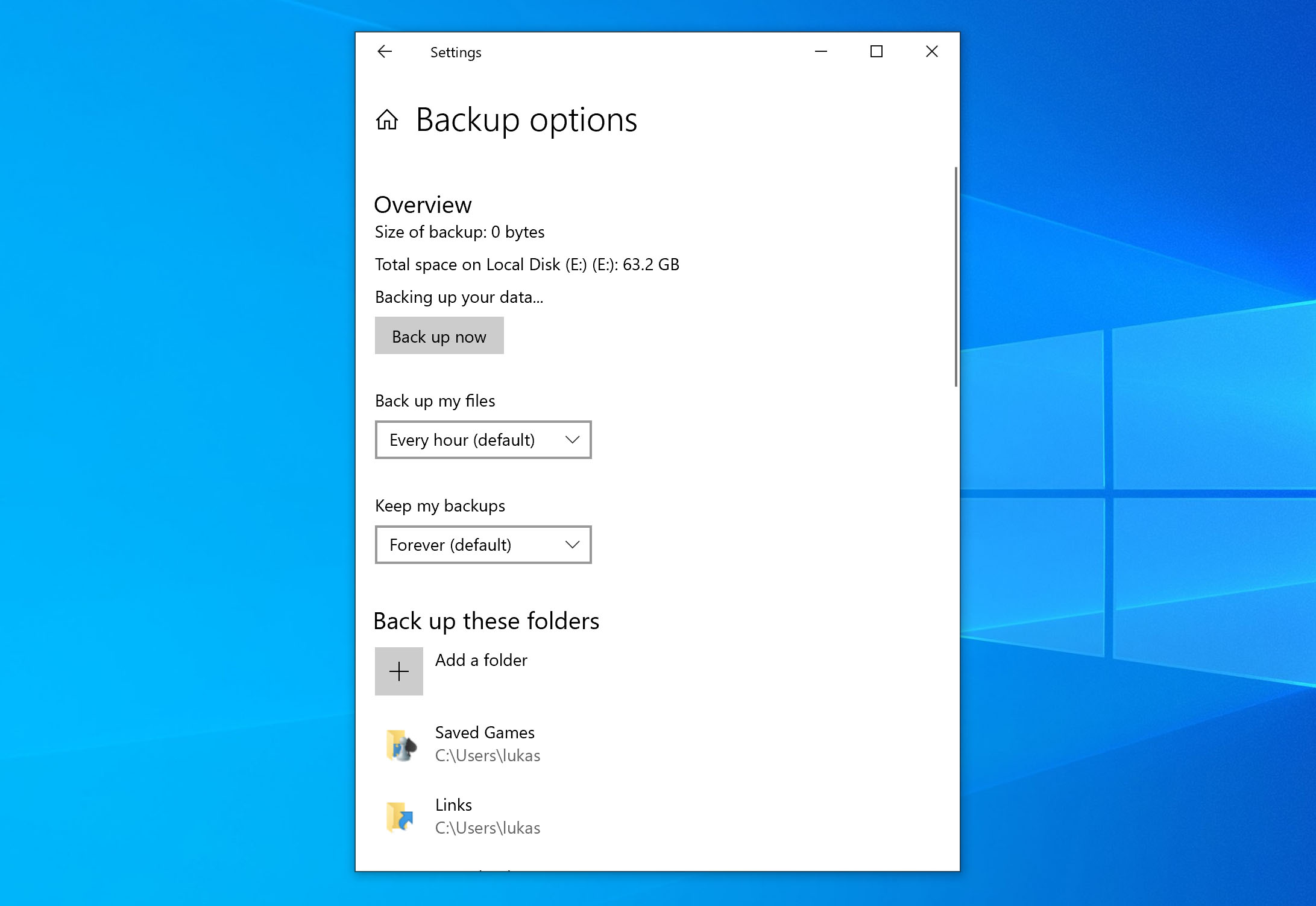 backup now file history option in windows 10