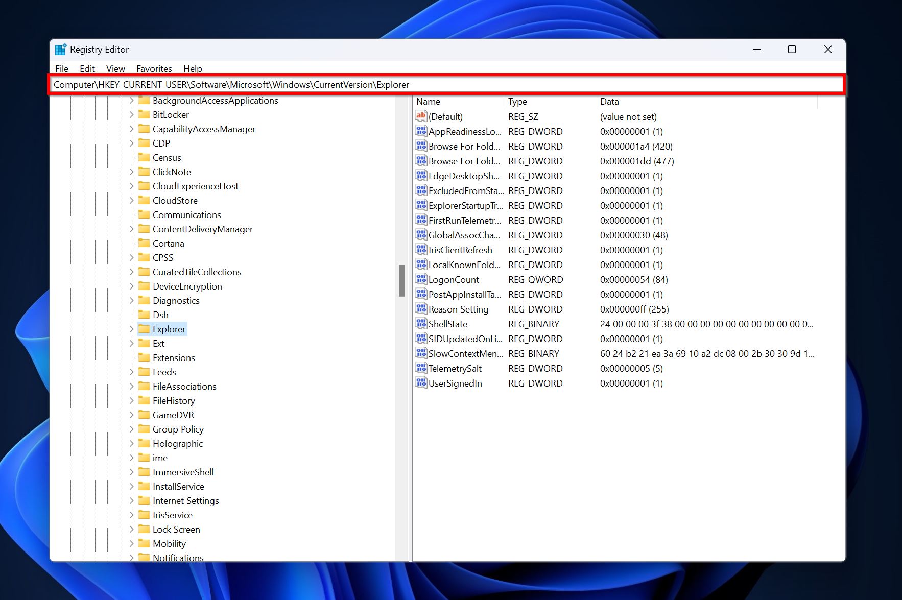 The address bar in the Windows Registry Editor.