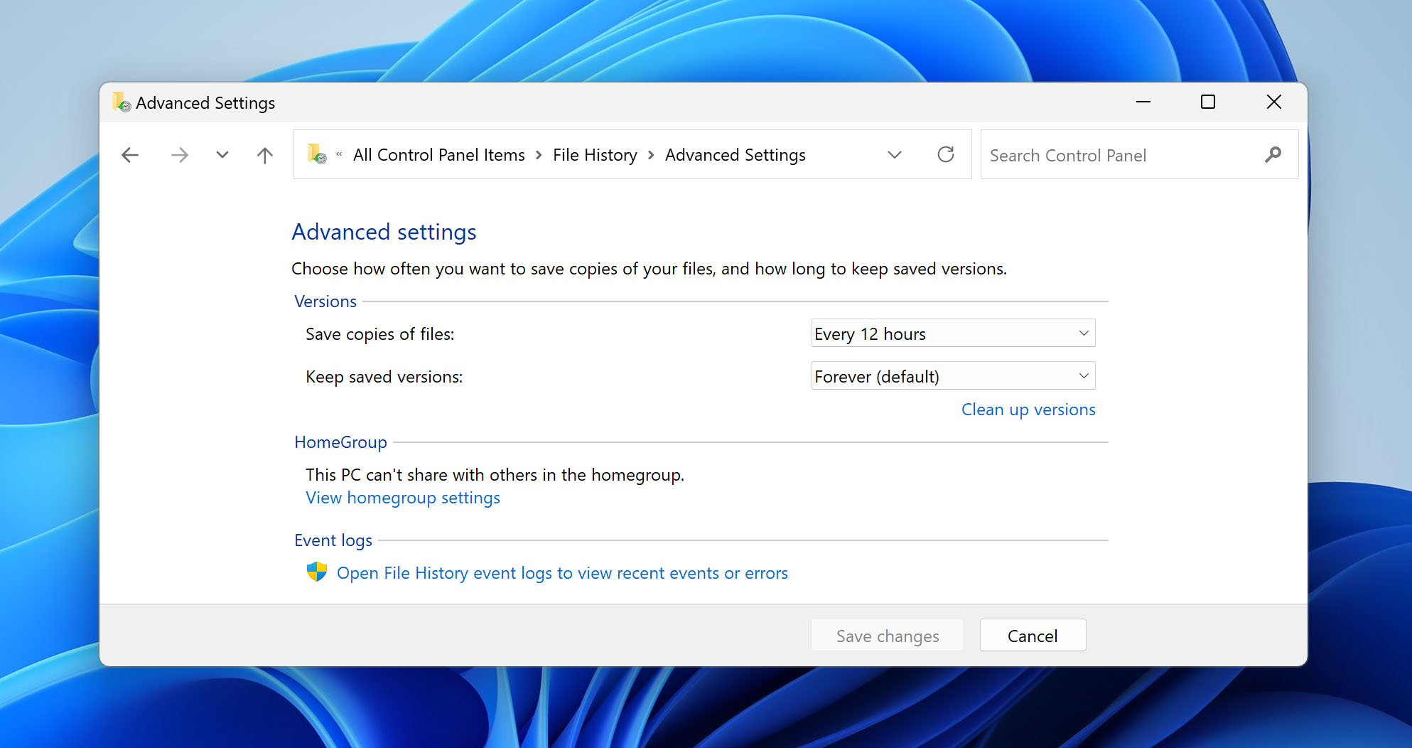 file history advanced settings window