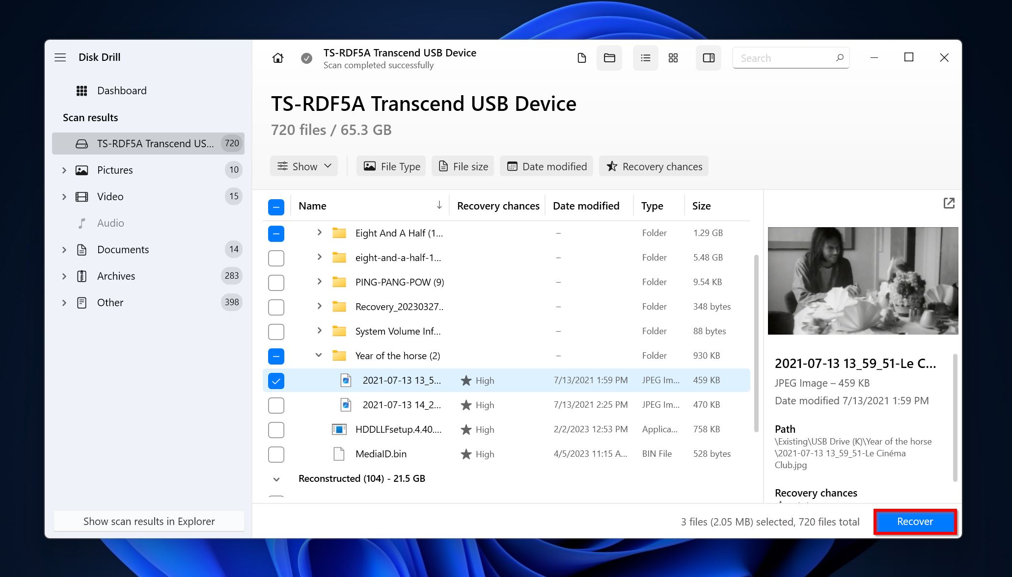 List of recoverable files in Disk Drill.