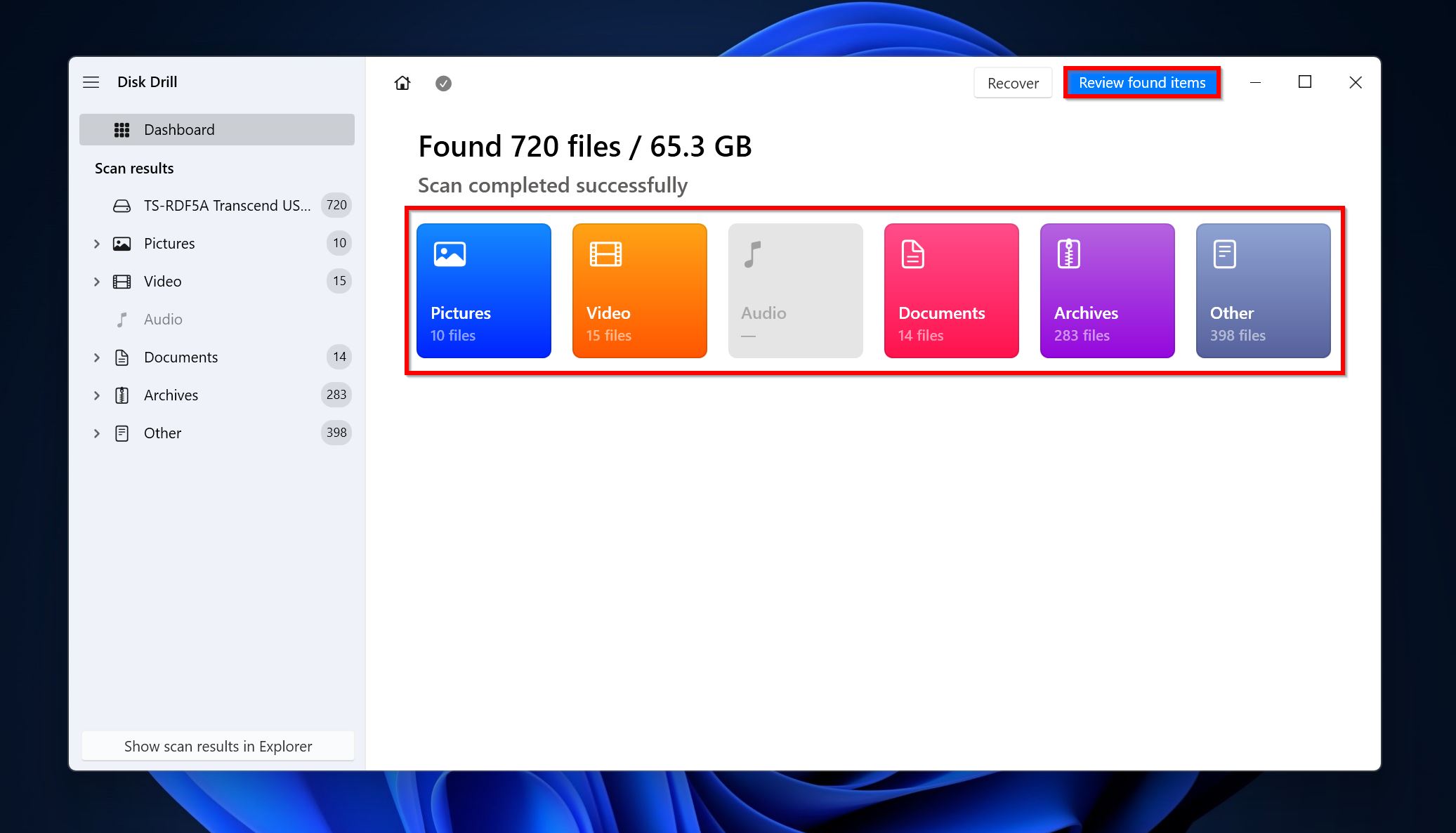 Review found items screen in Disk Drill.