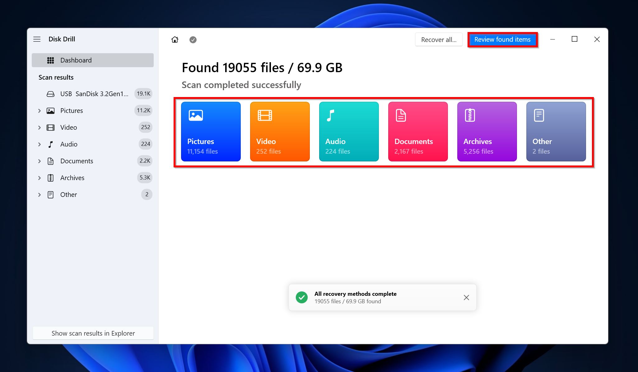 Review found items screen in Disk Drill.