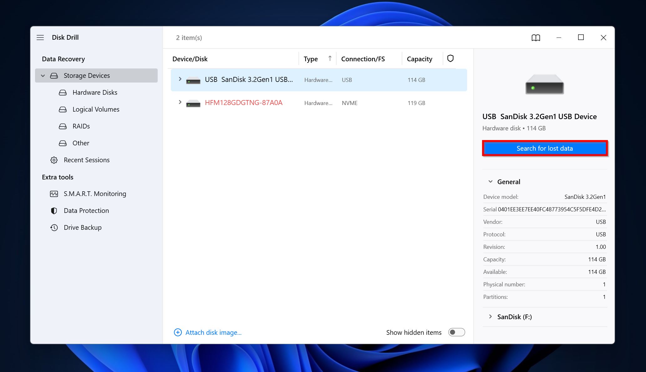 Search for lost data in Disk Drill.