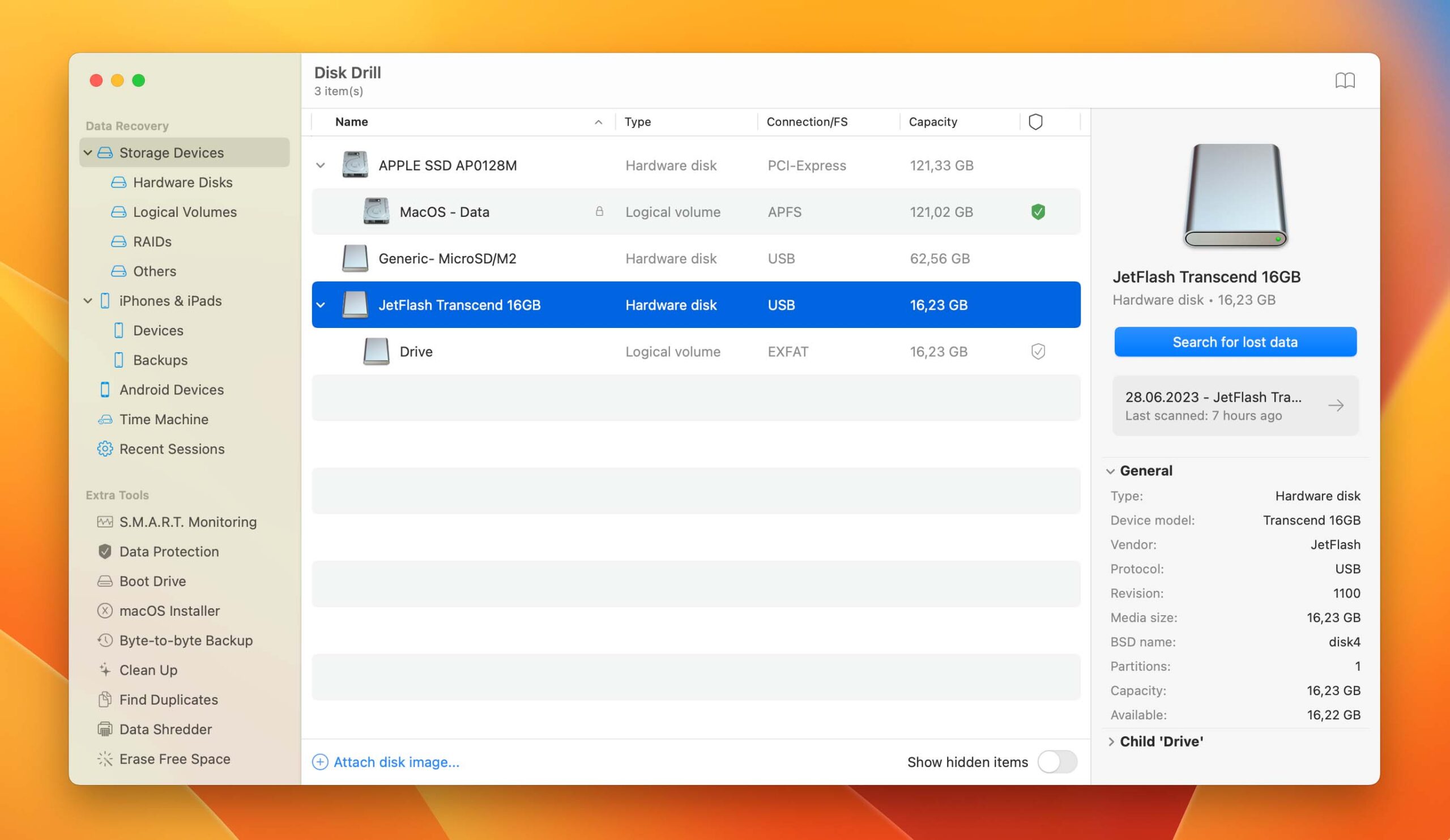 Image of Disk Drill's device selection screen, showing where you can choose the device from which you've deleted folders