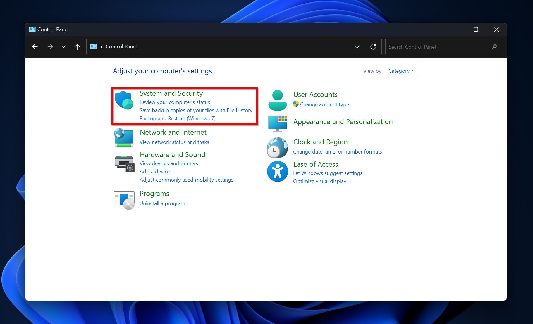 System & Security in Control Panel.