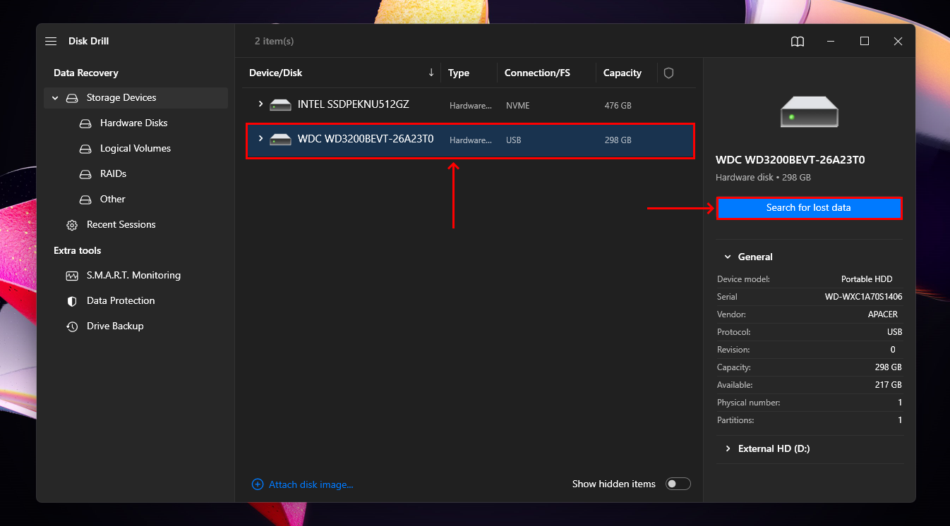 Hard Disk selection window in Disk Drill