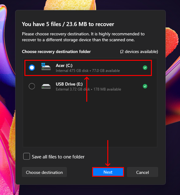 File destination selection dialogue in Disk Drill
