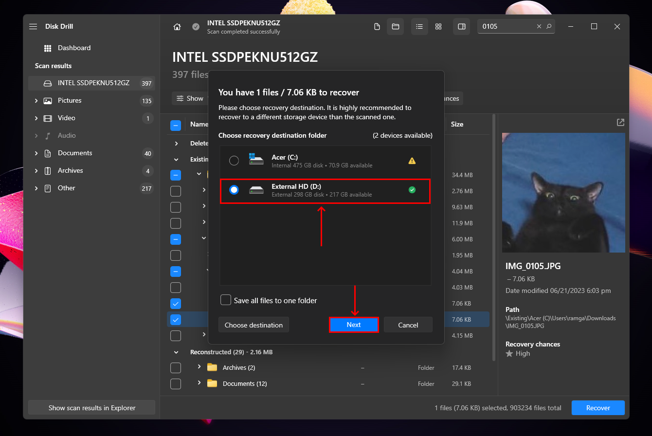 File destination selection dialogue in DIsk Drill