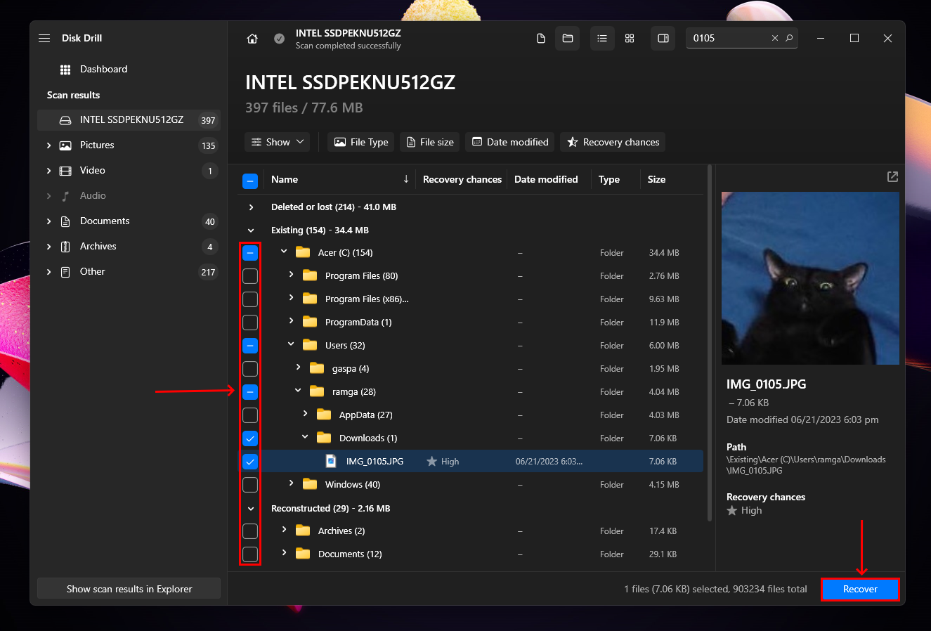 File selection window in Disk Drill