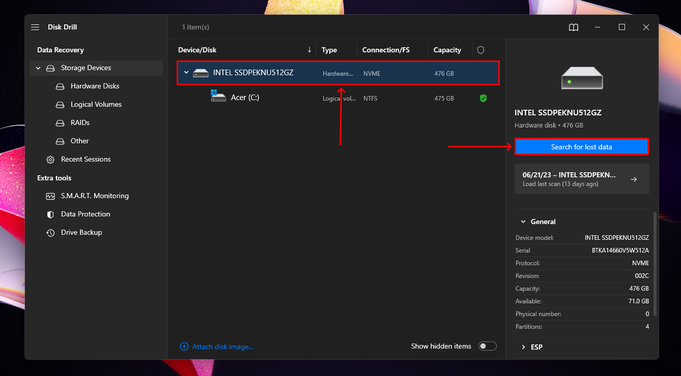 Hard Disk selection window in Disk Drill