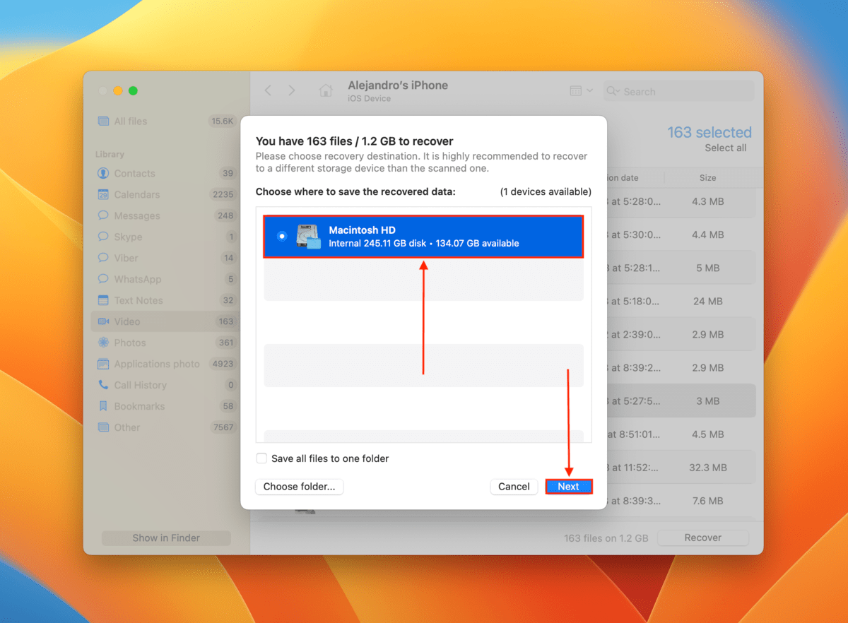 File destination selection in Disk Drill