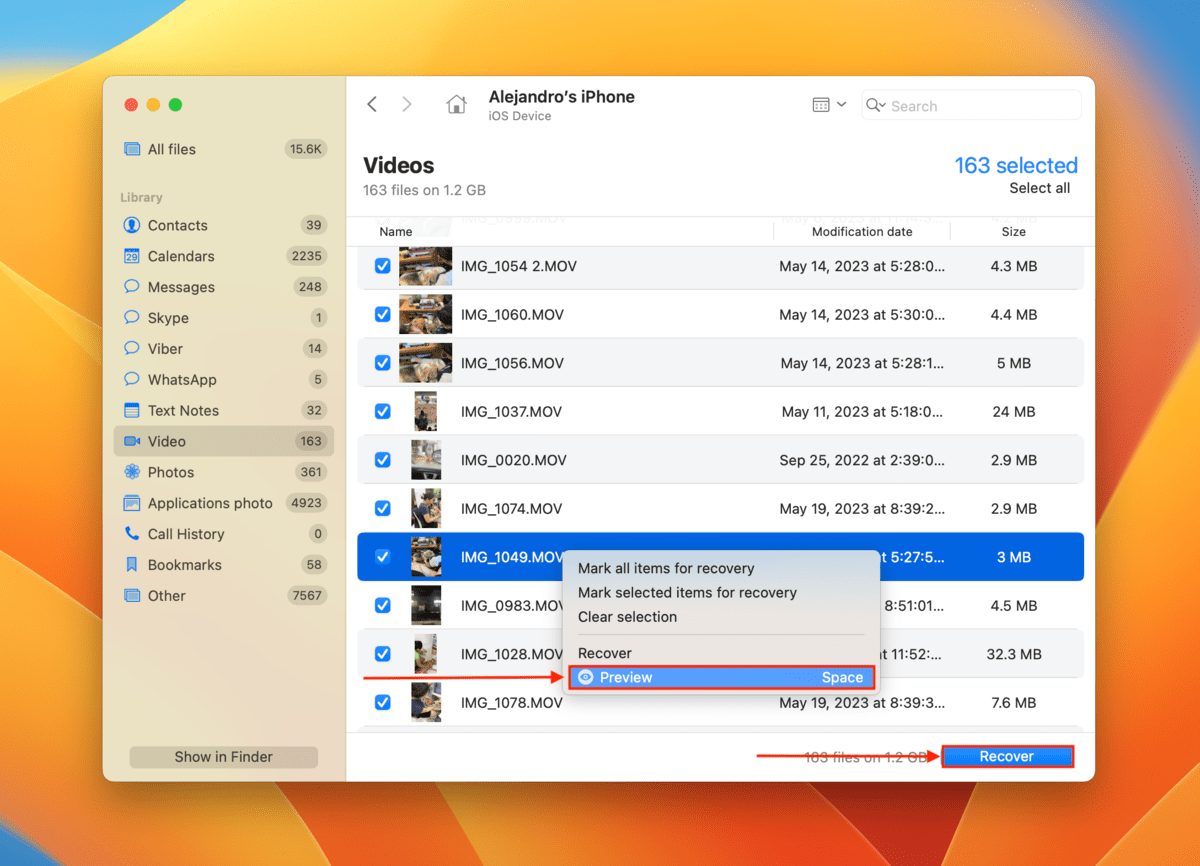 Scanned videos results in Disk Drill
