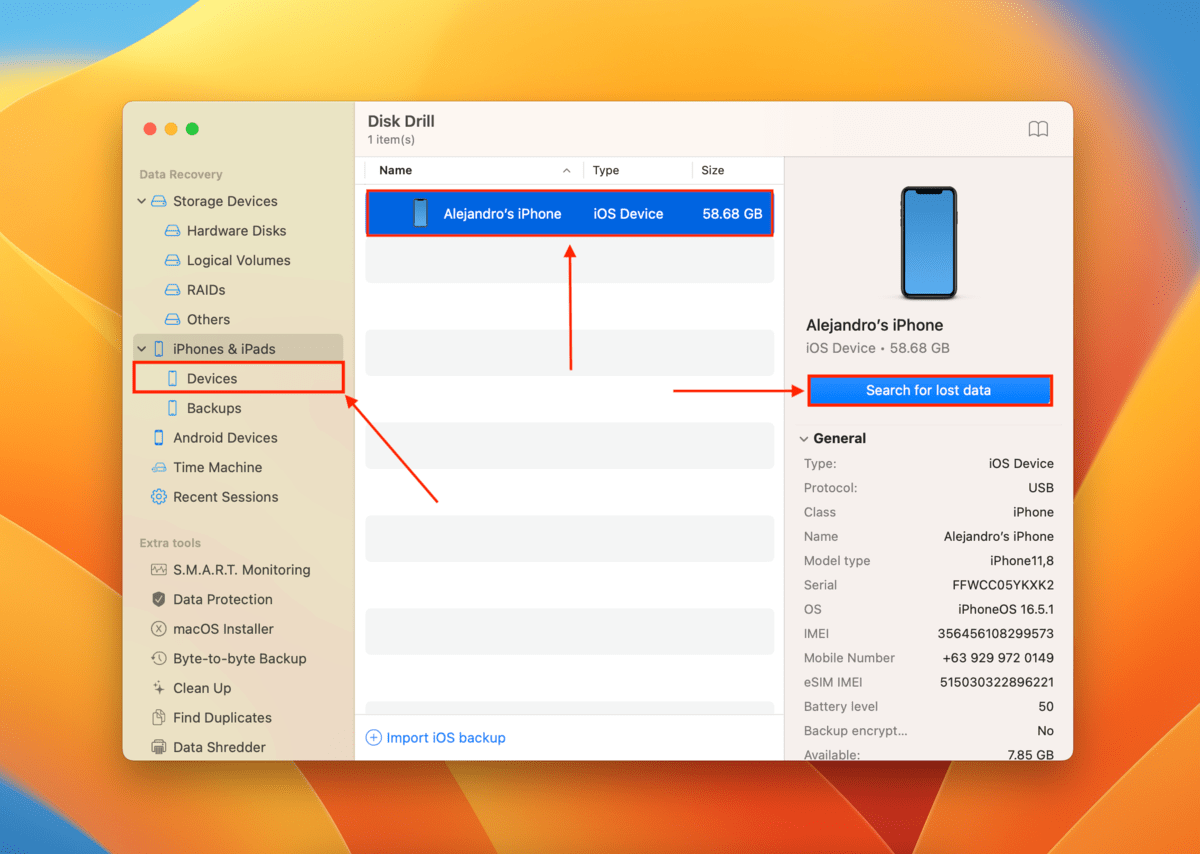 Search for iPhone data in Disk Drill

