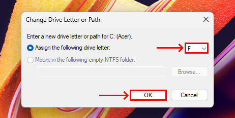 Drive letter selection dialogue in Disk Management