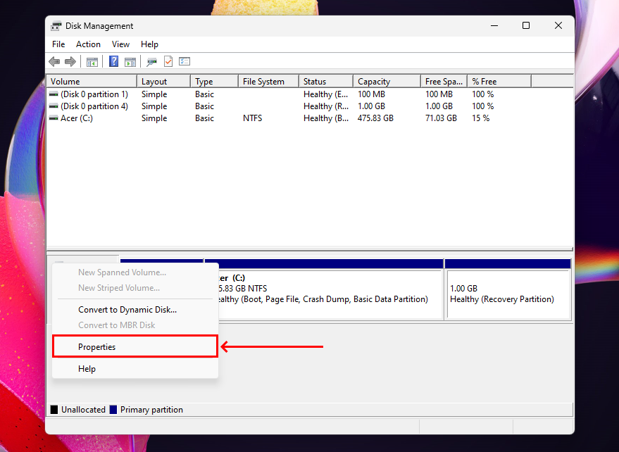 General Settings in Disk Management Dialogue