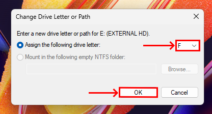 Drive letter selection dialogue in Disk Management
