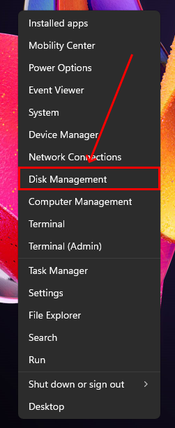 Disk Management in Start Menu