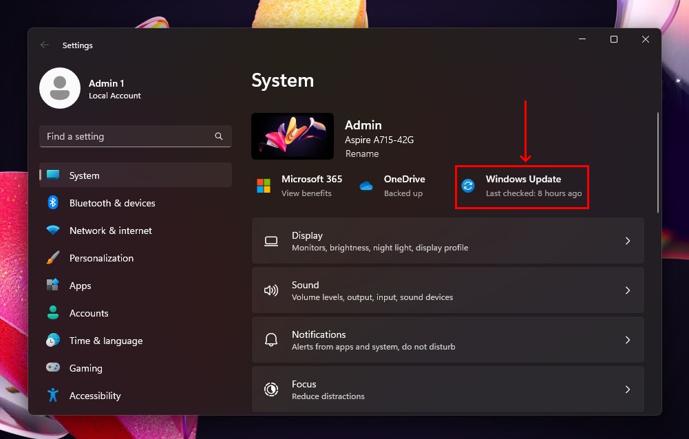 Windows update in settings

