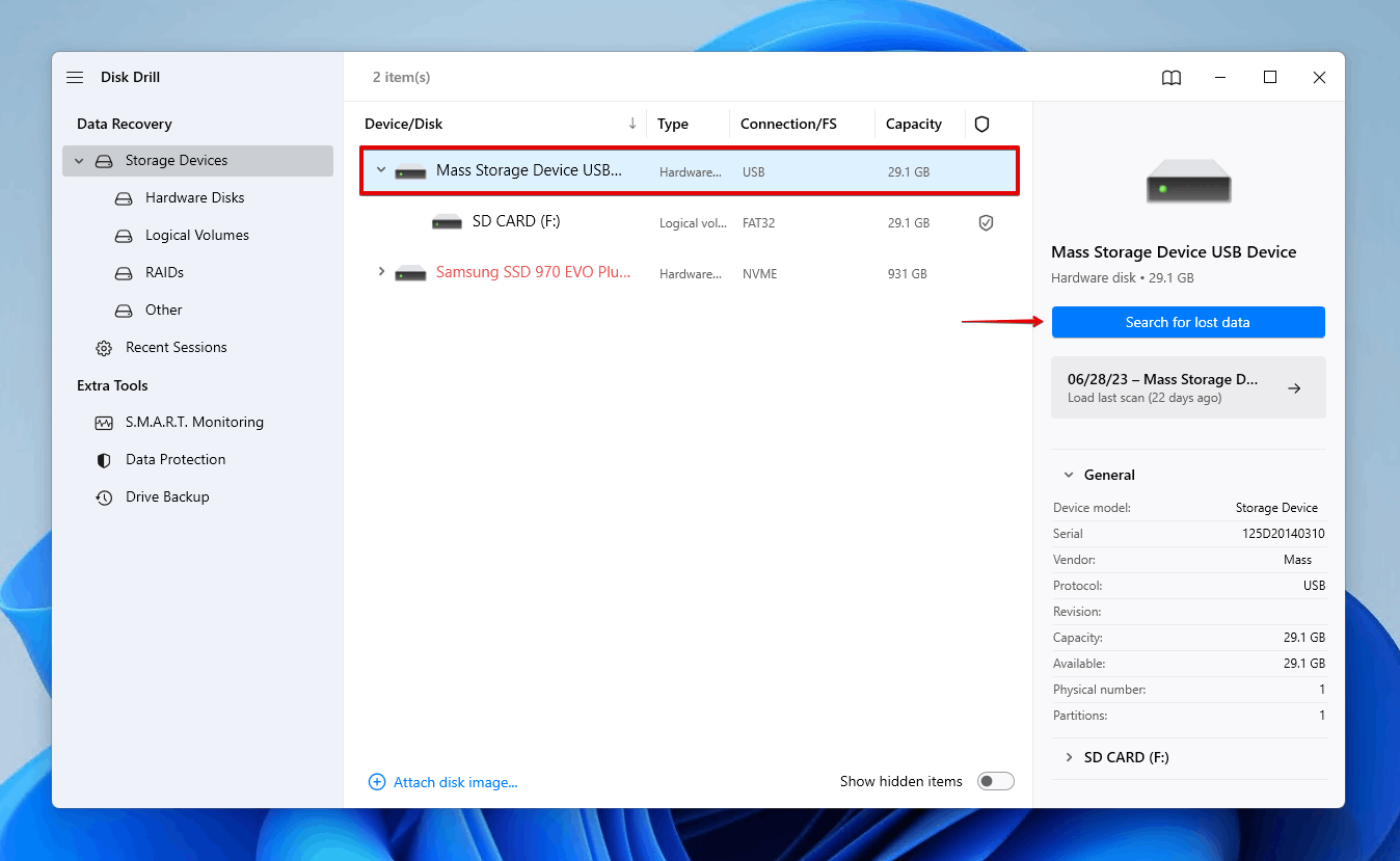 Scanning the SD card with Disk Drill.