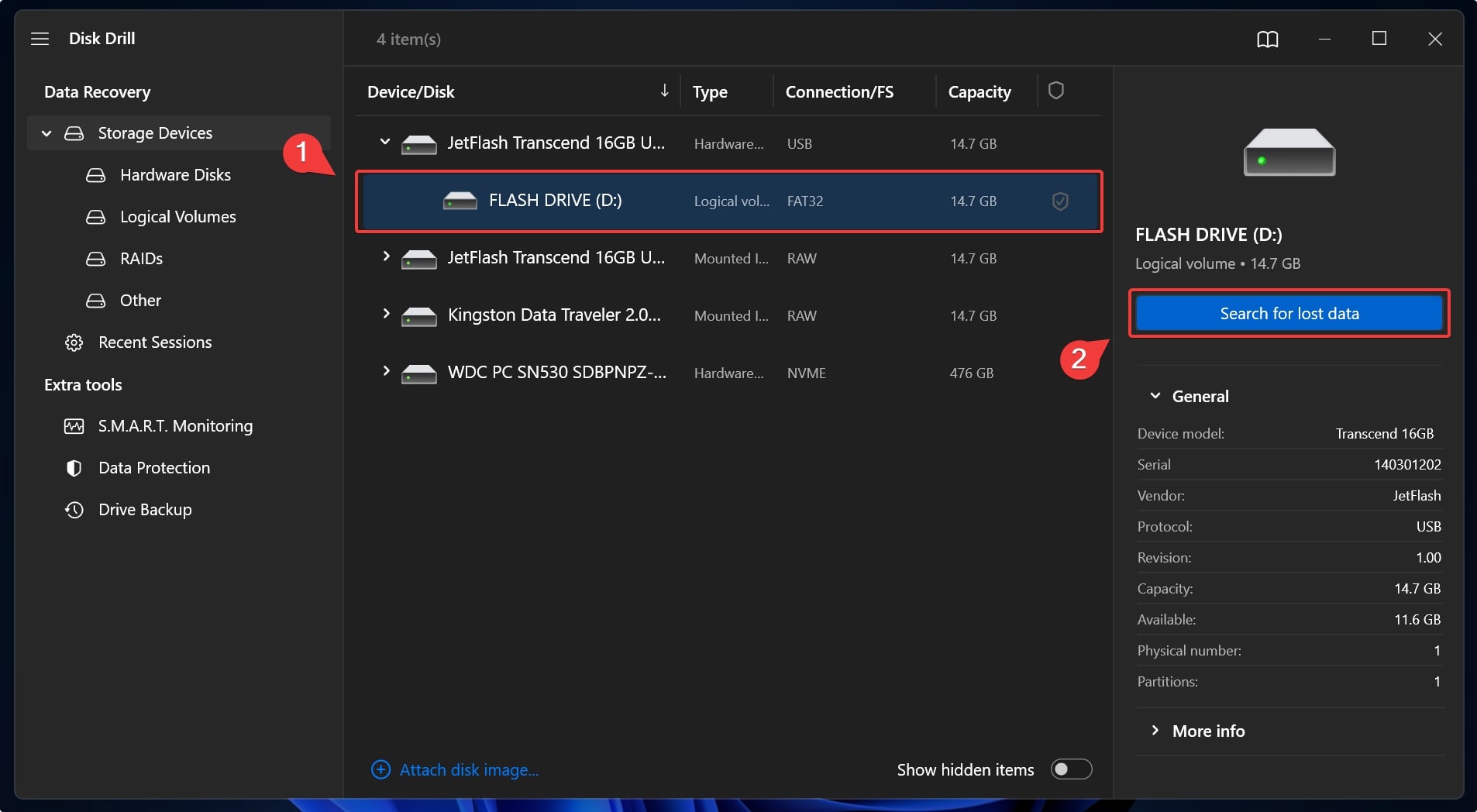 selecting drive on disk drill