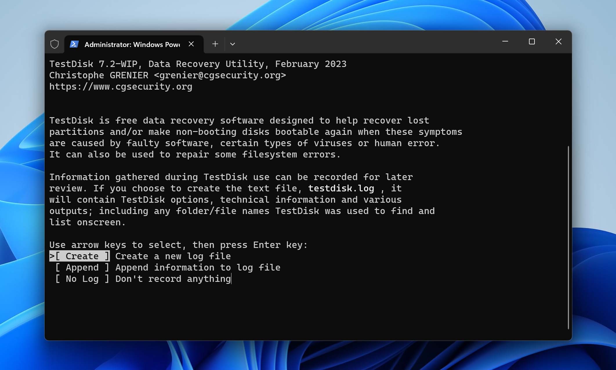 create log file in testdisk