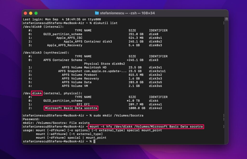 terminal mount -t hfs /dev/disk1 /Volumes/