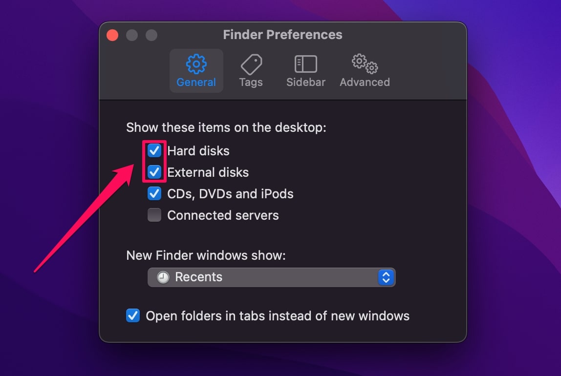 enable hard disks and external disks in finder