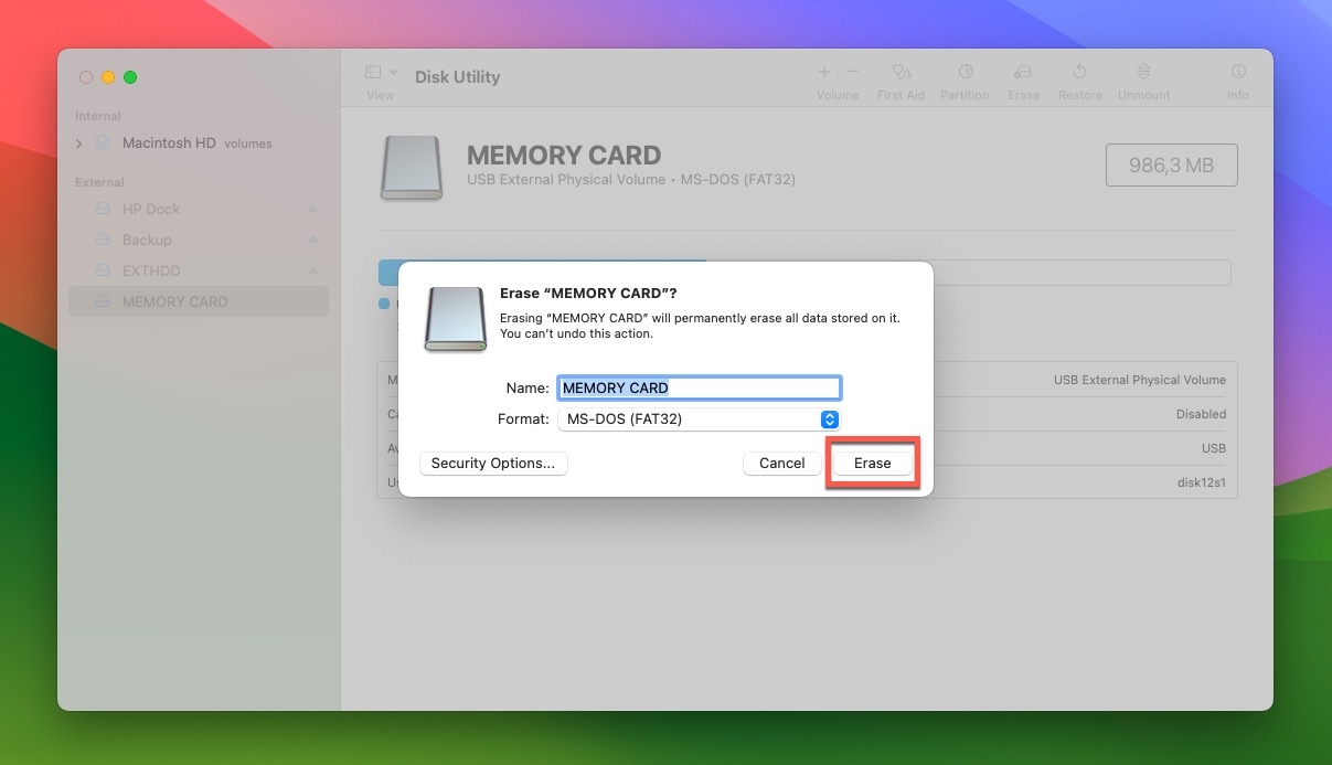 disk utility memory card erase highlighted
