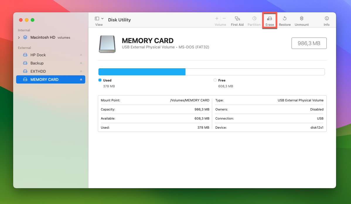 disk utility memory card erase