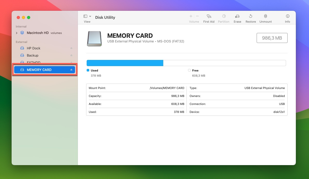 disk utility memory card select