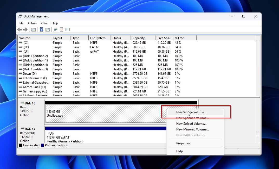 Disk Management New Simple Volume