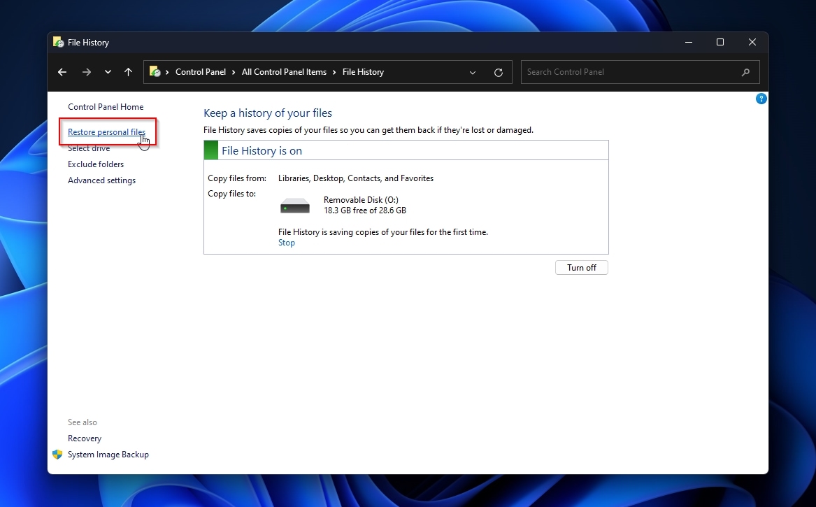 File History Restore Personal Files