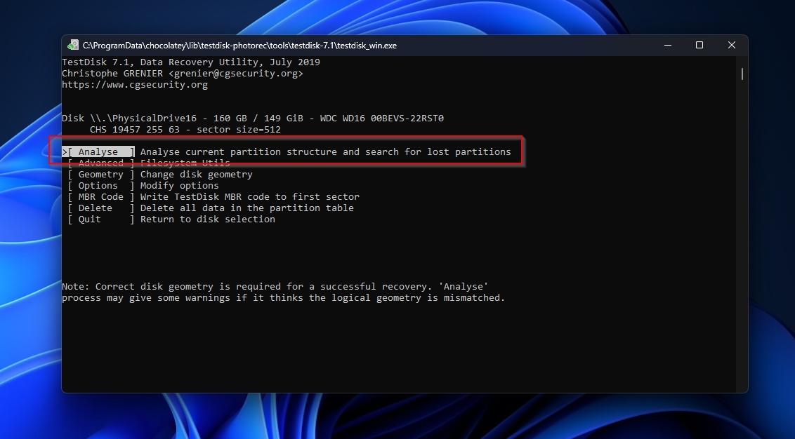 Test Disk Analyze Current Partition Structure