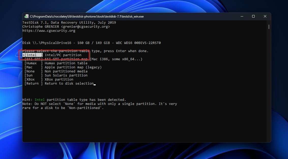 Test Disk Partition Table Type Selection