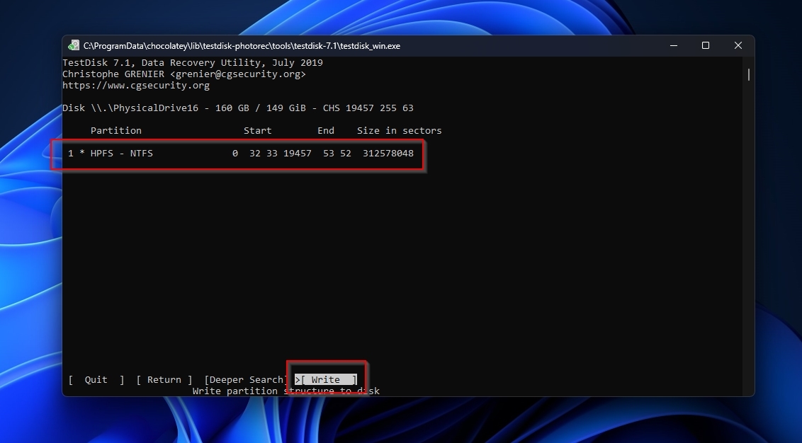 Test Disk Partition Table Write