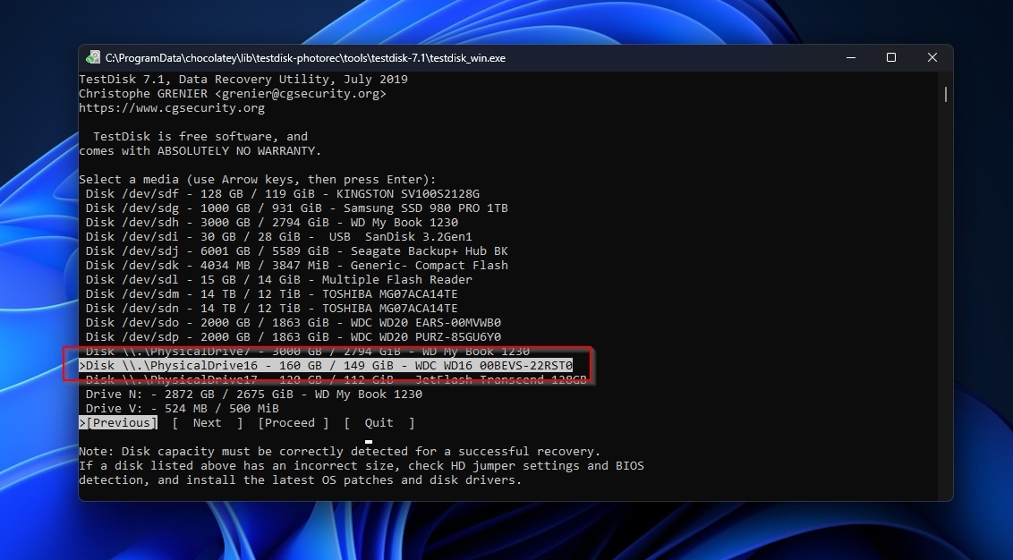 Test Disk Select Drive from Media List