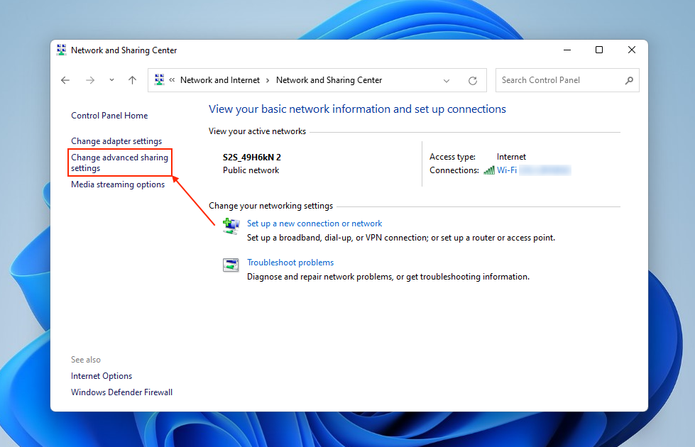 Opening the advanced network sharing settings link in Control Panel