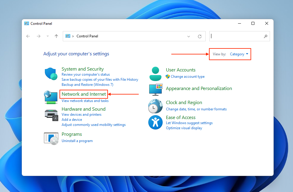 Opening the Network and Internet link in Control Panel