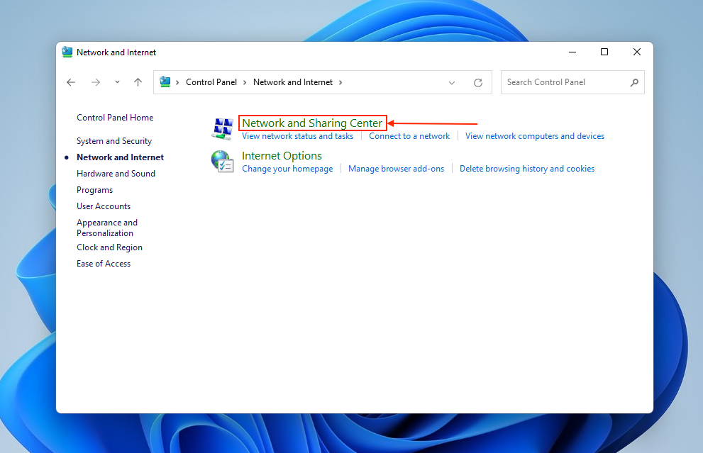 Opening the Network and Sharing Center link in Control Panel