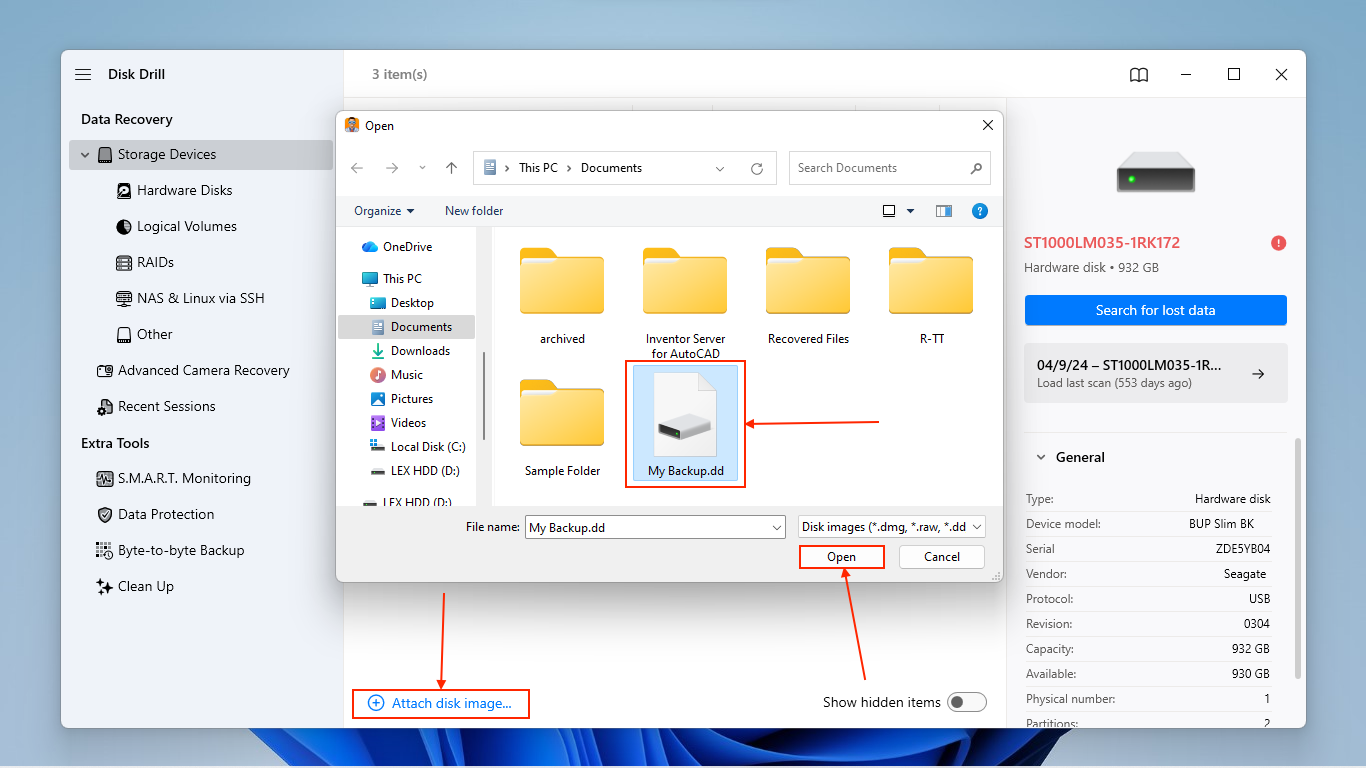 Choosing a save location for Disk Drill's Byte-to-byte backup file