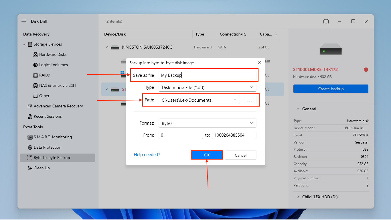 Creating a Byte-to-byte backup of an HDD in Disk Drill