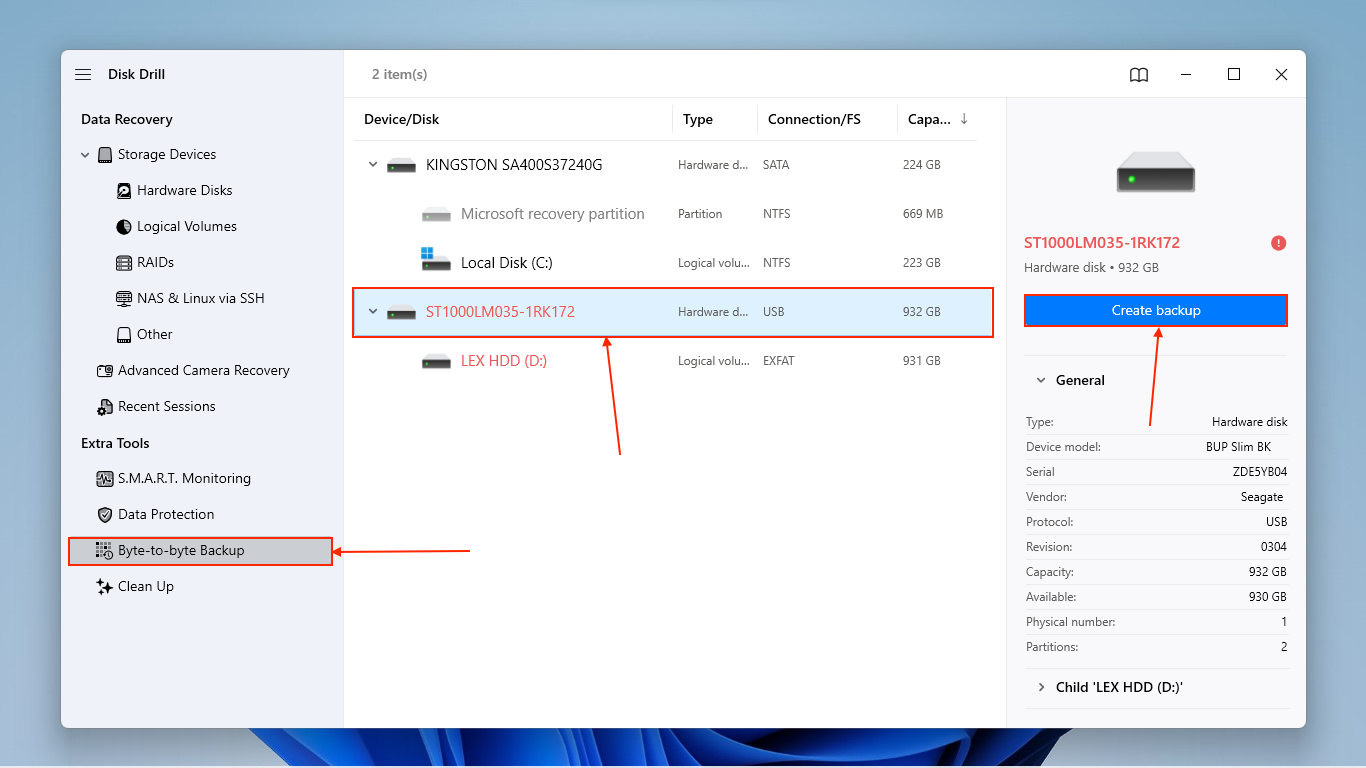 Choose a disk for the Disk Drill Byte-to-byte backup tool