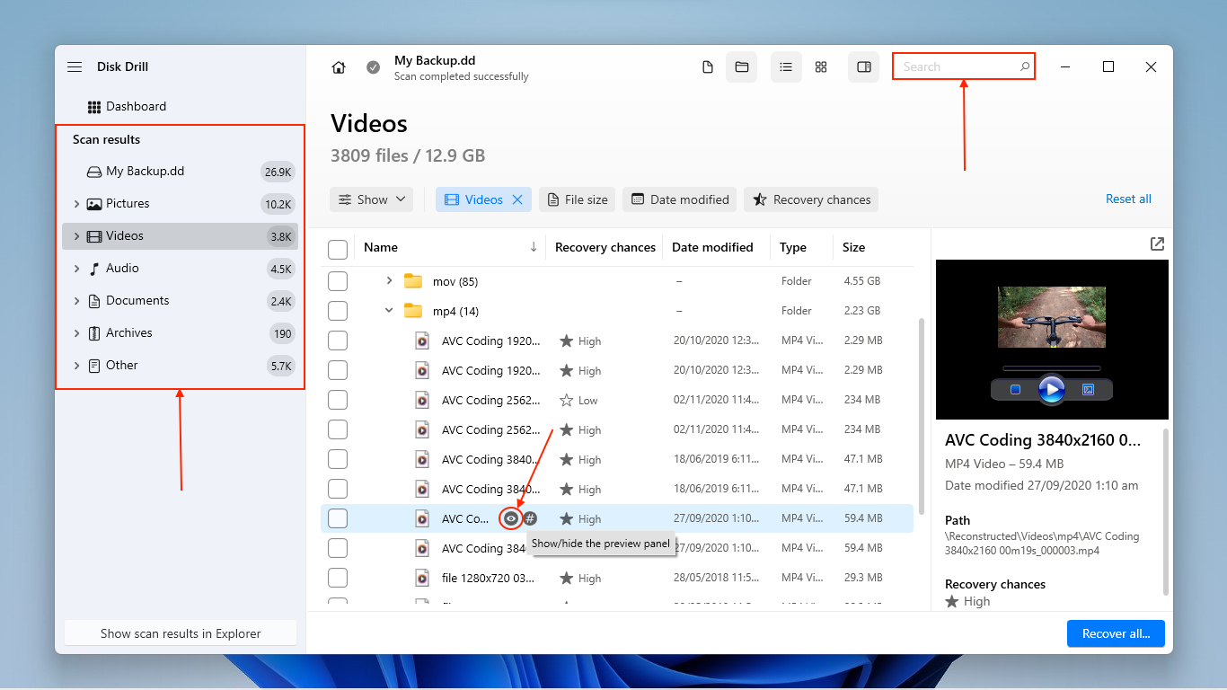 Using the filters and preview tool in Disk Drill