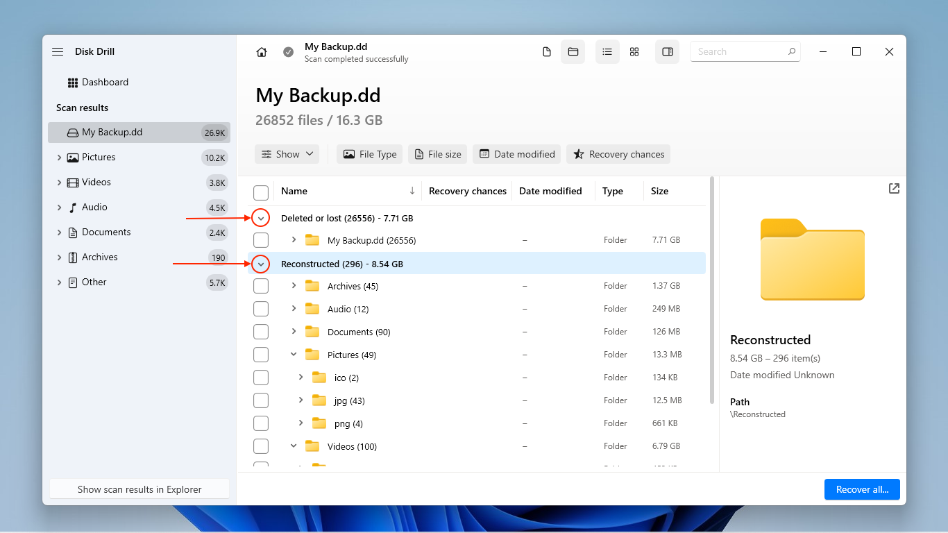 Different categories of recovered files in Disk Drill